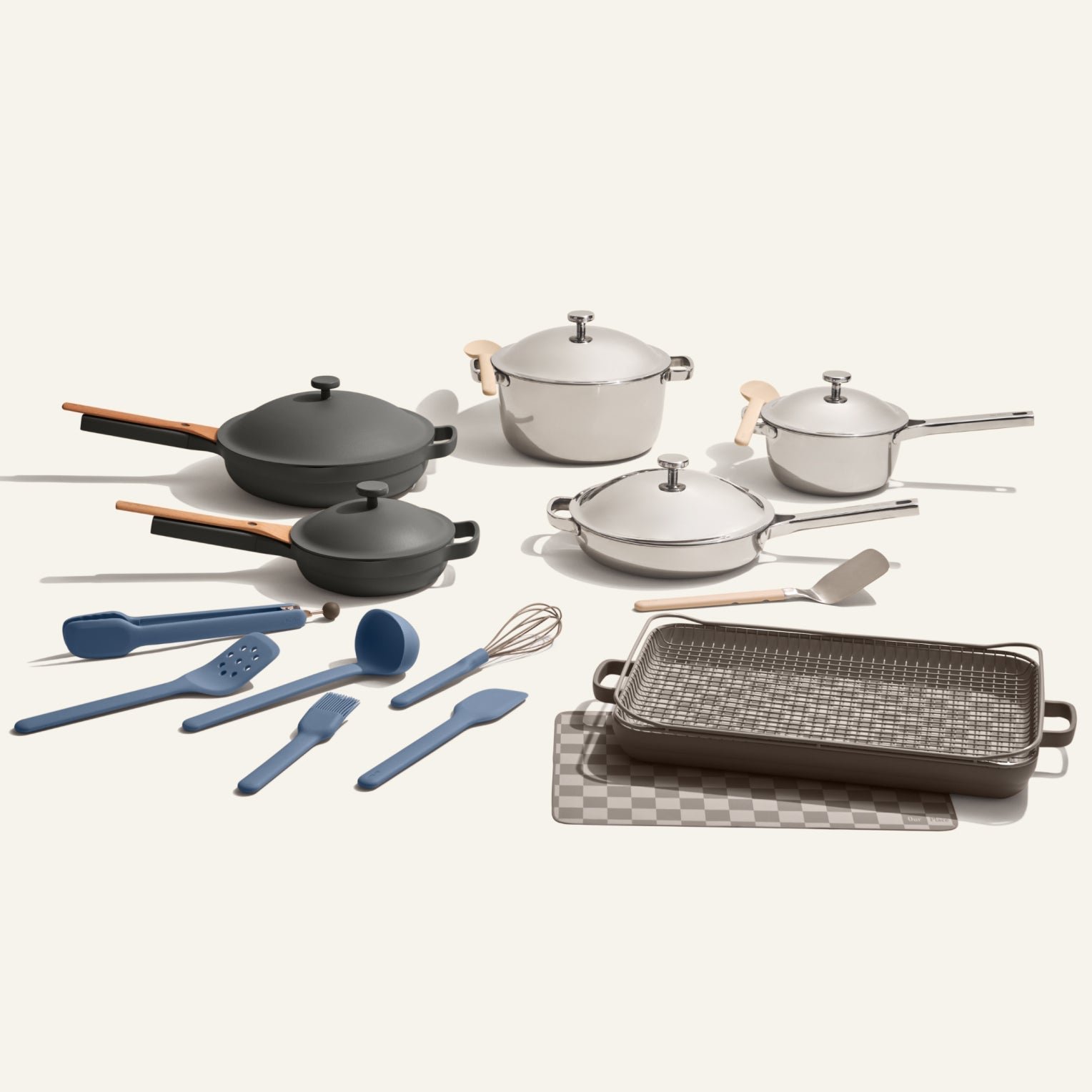our-place-ProductThumbnail-ChefSet25Piece-TitaniumPerfectPot-TitaniumAlwayPan-TitaniumMiniPerfectPot-Chrome-LargeAlwaysPan-MiniAlwaysPan-BakersTrio-Char Home Chef Set (25 piece) - Image 1