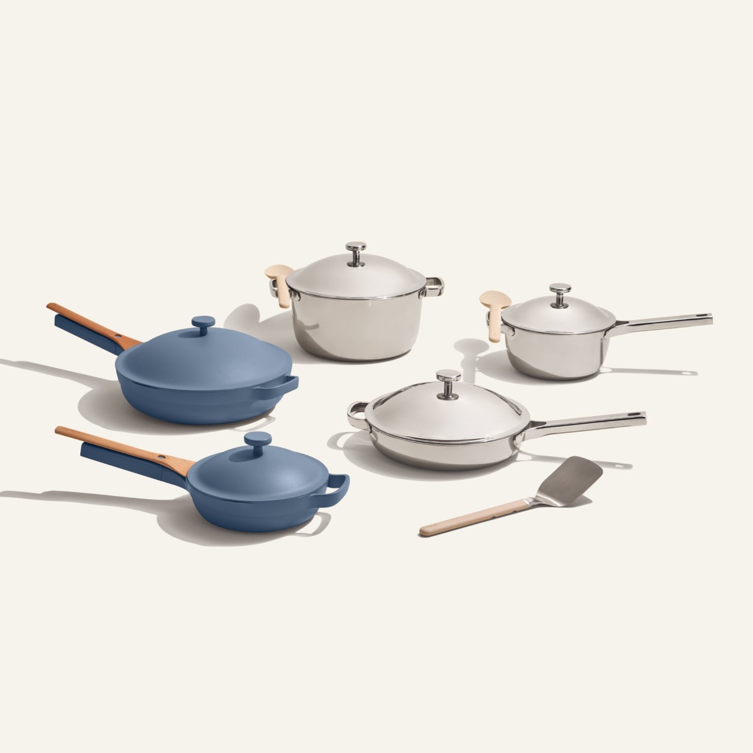 our-place-ProductThumbnail-TitaniumPerfectPot-TitaniumAlwaysPan-TitaniumMiniPerfectPot-Chrome-LargeAlwaysPan-MiniAlwaysPan-BlueSalt Home Chef Set (15 piece) - Image 1